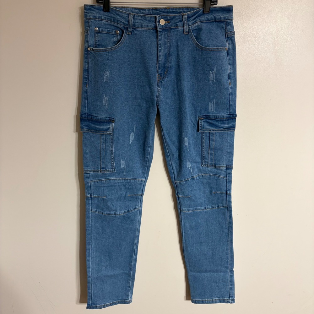 New Fashion Mens Blue Denim Cargo Moto Jeans Size 34 Slim Fit Distressed 5861-1